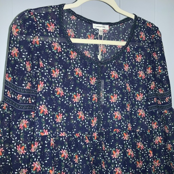 Max Studio Blue Floral 1/2 Button boho peplum blouse Sz S bell sleeve semi sheer - Picture 3 of 7
